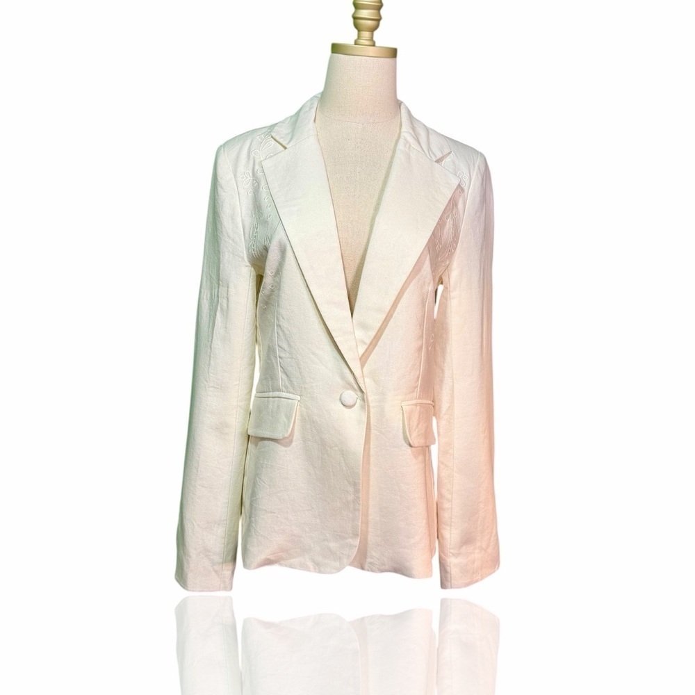 Jason Wu Ivory Linen-Blend Floral Eyelet Laser Cutout Blazer Size Medium